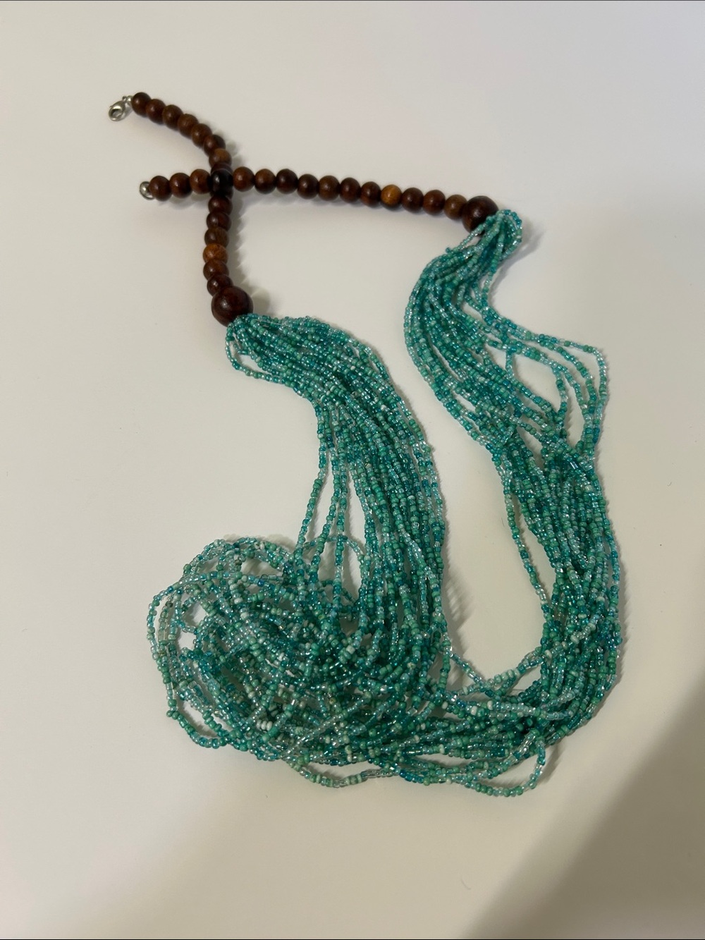Boho Turquoise Multi Strand Glass Seed Bead & Wood Statement Necklace
